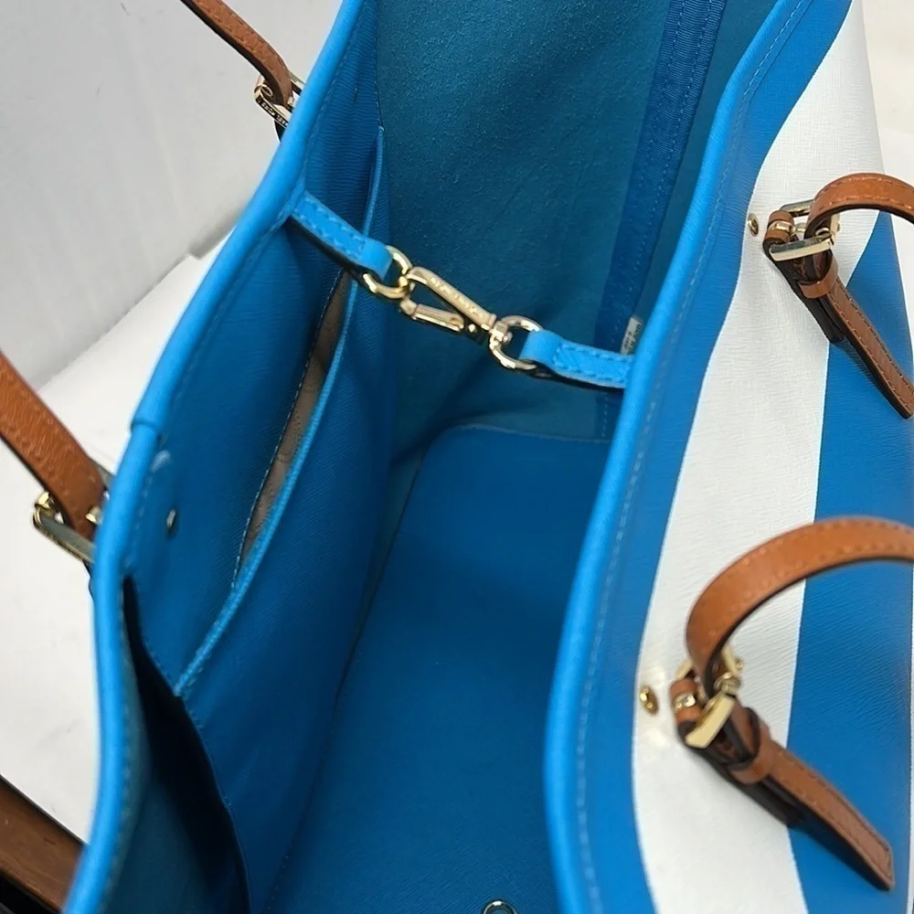 Michael Kors Large Teal White Striped Jet Coated Canvas Leather Tote Bag